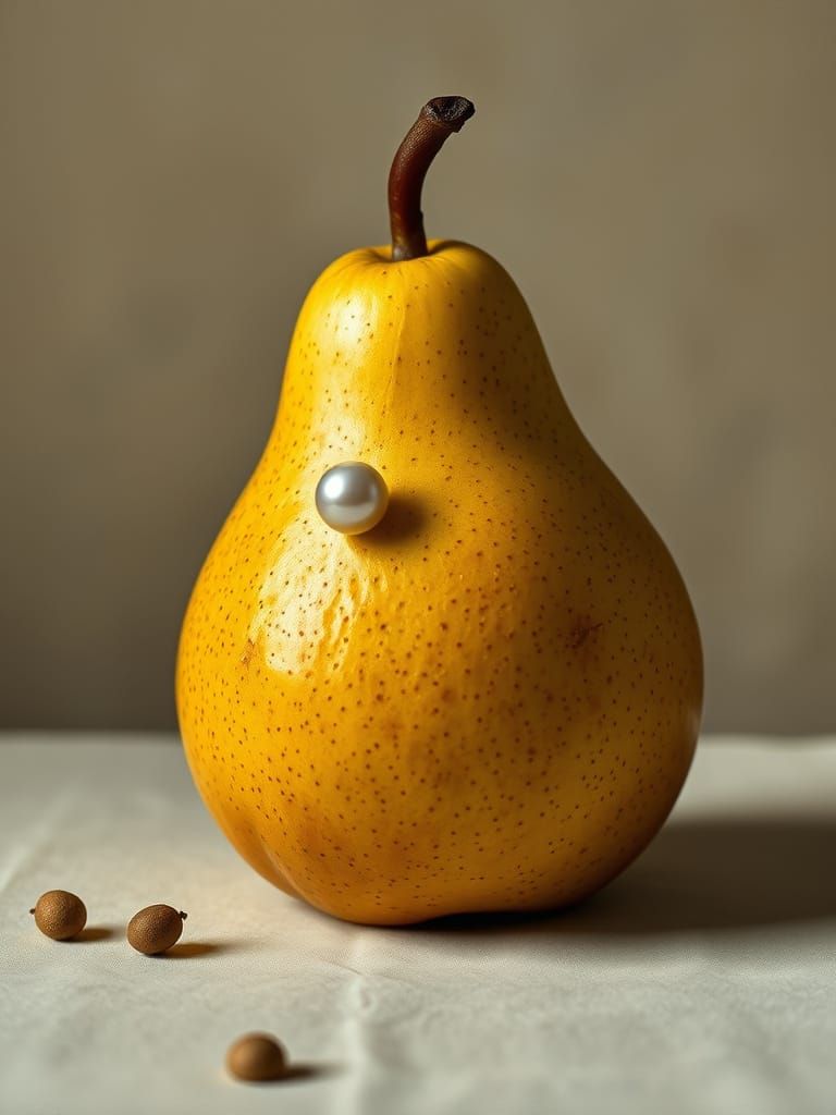 A pear dressed as the Girl with a Pearl Earring