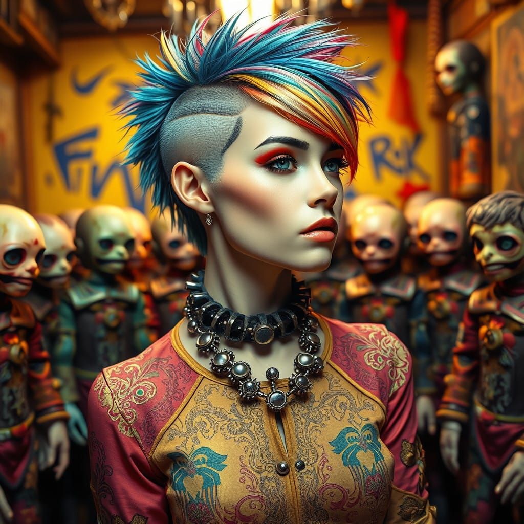 Ethereal Steampunk Siren Amidst a Doll's Playful Chaos