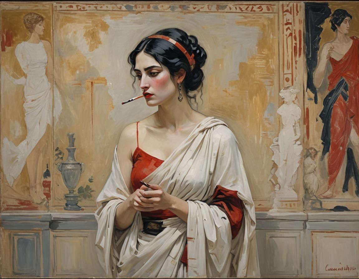 Ancient Greek Woman Smoking in Impressionist Style