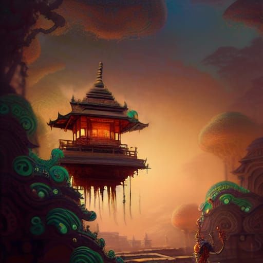 Detailed Ancient Indian Design Japanese Fortress Digital Pai...