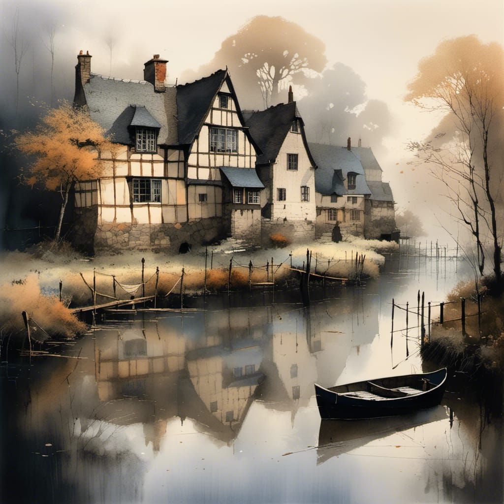 Idyllic Lakeside Village in Morning Fog