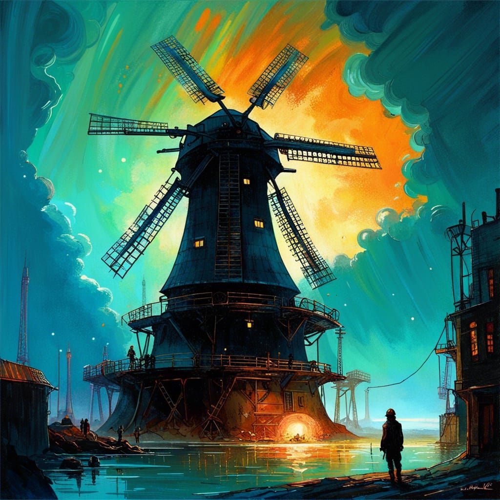 Dieselpunk Windmill Over Bioluminescent Metropolis