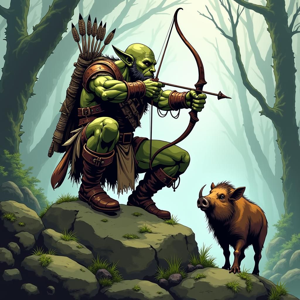 Orc Ranger and Boar Companion in Comic Book Art