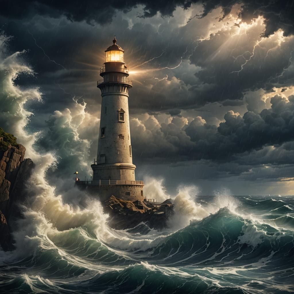 Lighthouse in Stormy Sea: Hyperrealistic Digital Art