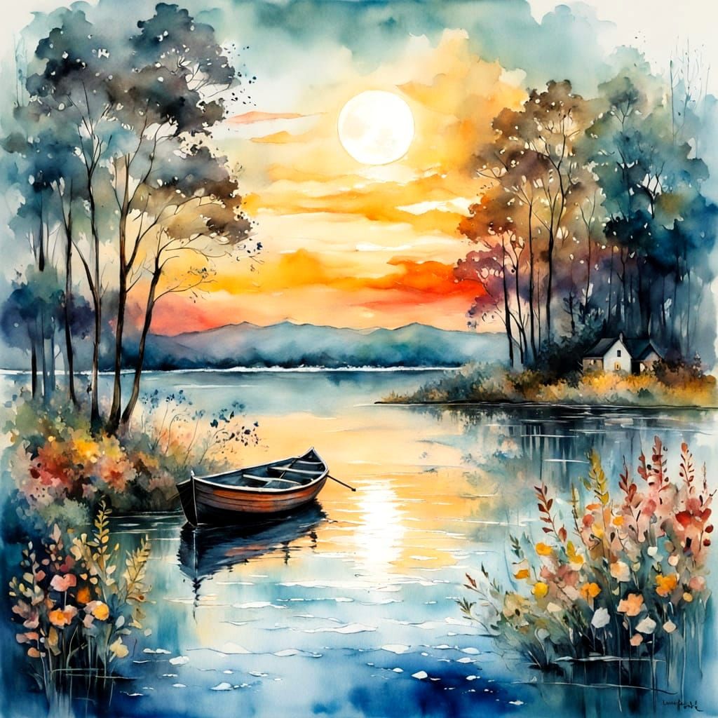 Dreamy Landscape with Reflections in a Watercolour Painting