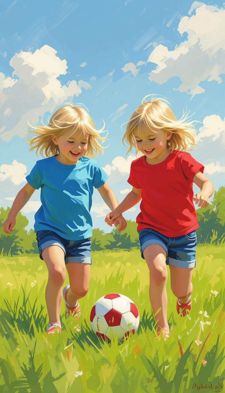 Joyful Girls Play Football in Sunny Meadow