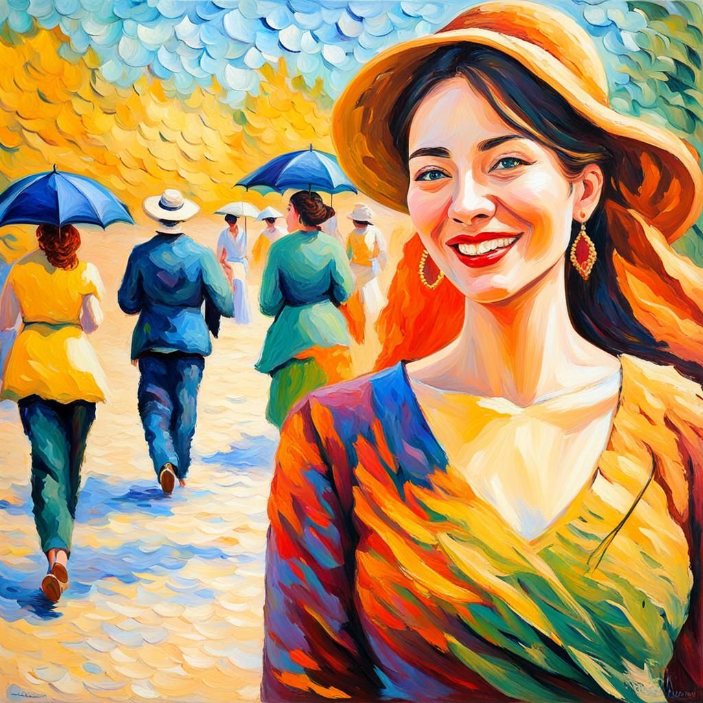 Happy Woman in Neo-Impressionist Oil Painting