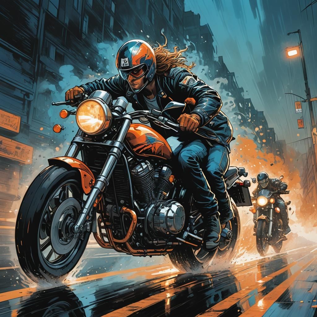 Motorcyclist on Misty Highway in Comic Book Style
