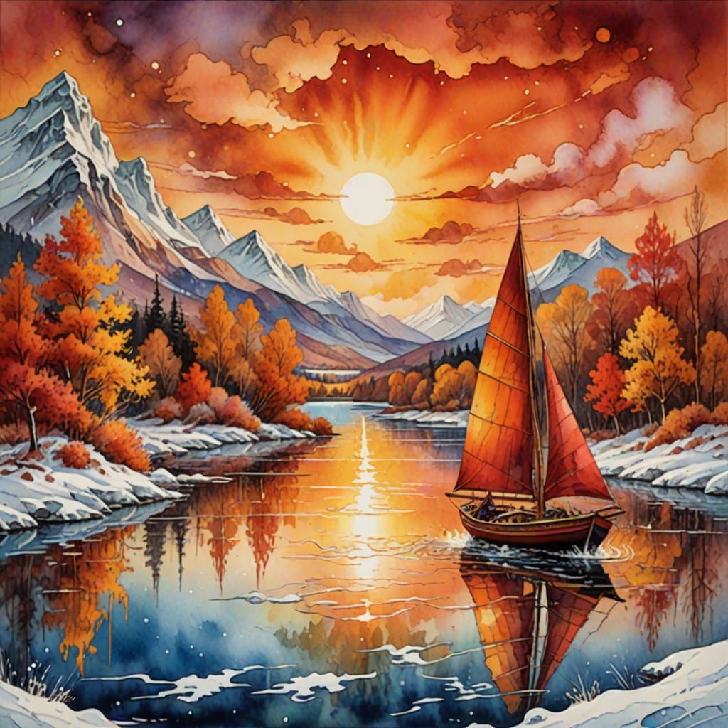 Vibrant Autumn Watercolor of Sailing Boat on Lake at Sunset