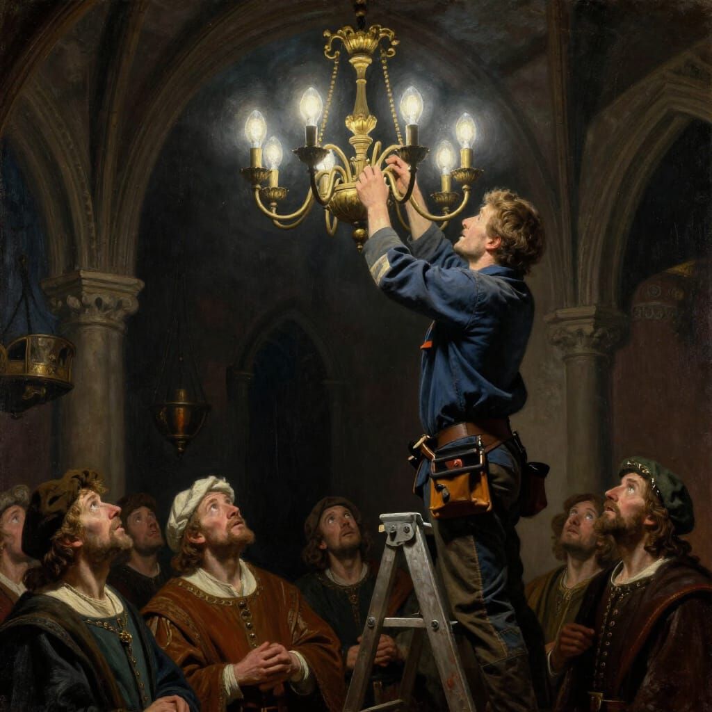 Electrician Installs LED Bulb in Baroque Chandelier