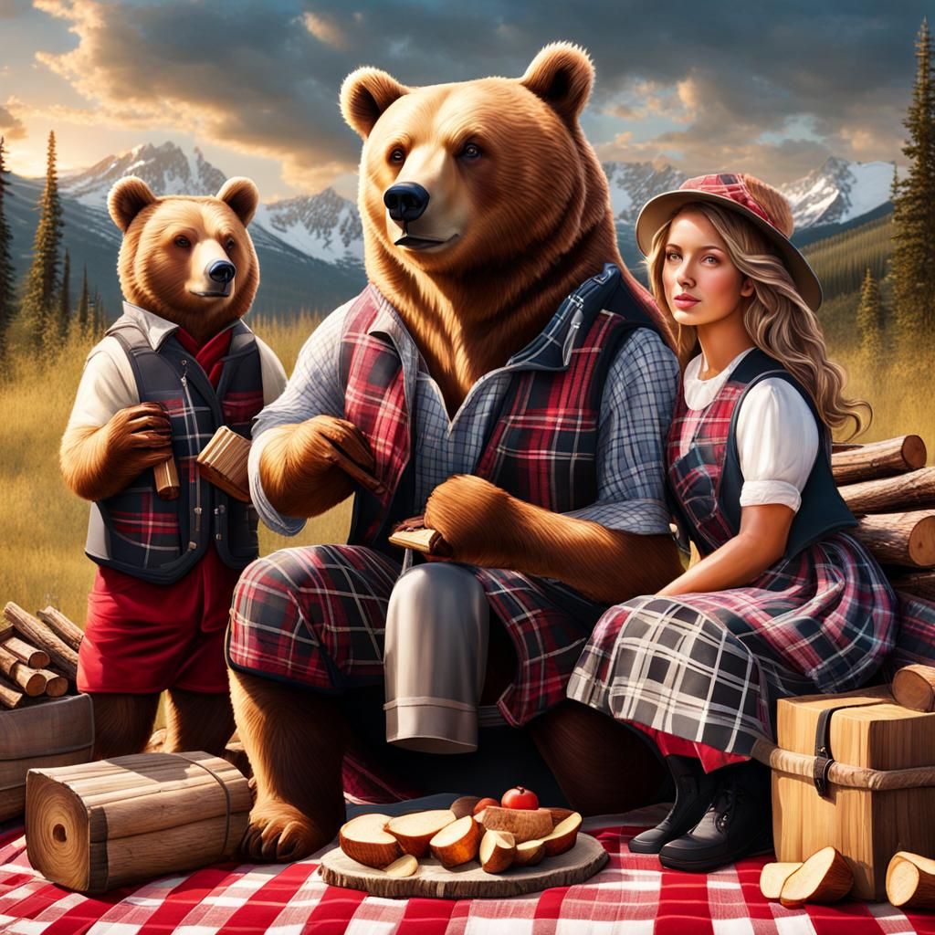 Hyperrealistic Bear Family Picnic in Plaid, 3D Art