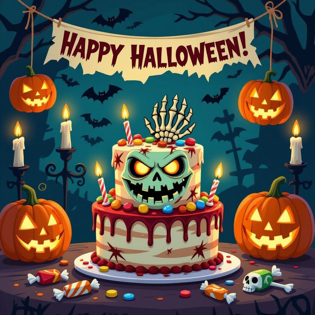 Spooky Halloween Birthday Party Scene with Zombie Cake