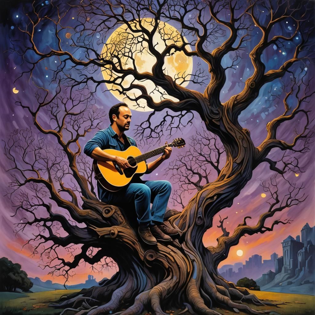 Musician Under Spooky Tree in Fantasy Art Style