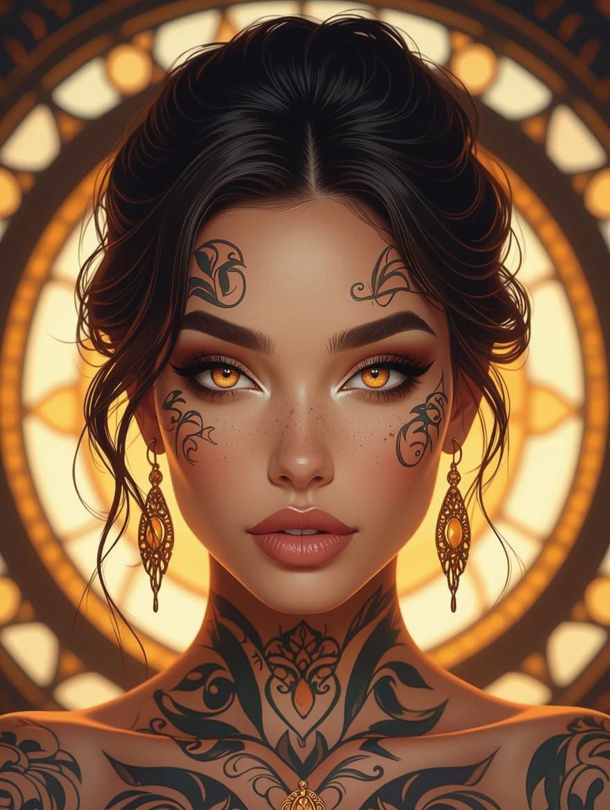 Surreal Woman with Tanned Skin and Orange Eyes in Hyperdetai...