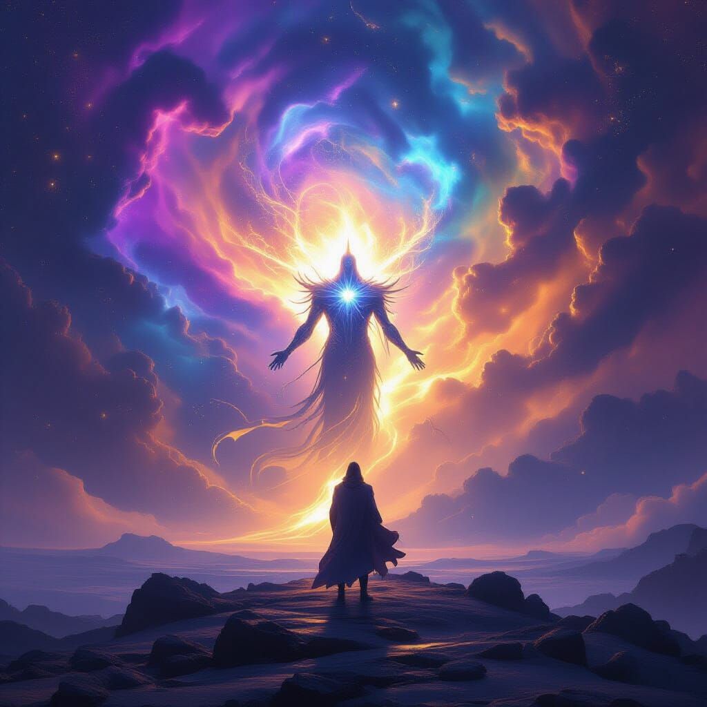 Ancient God Overlooking Cosmic Nebula