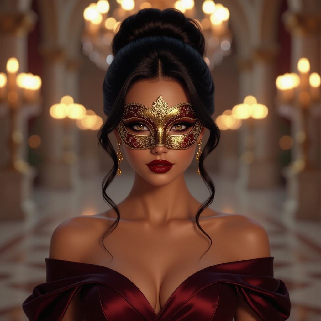 Woman in Venetian Mask in Opulent Ballroom