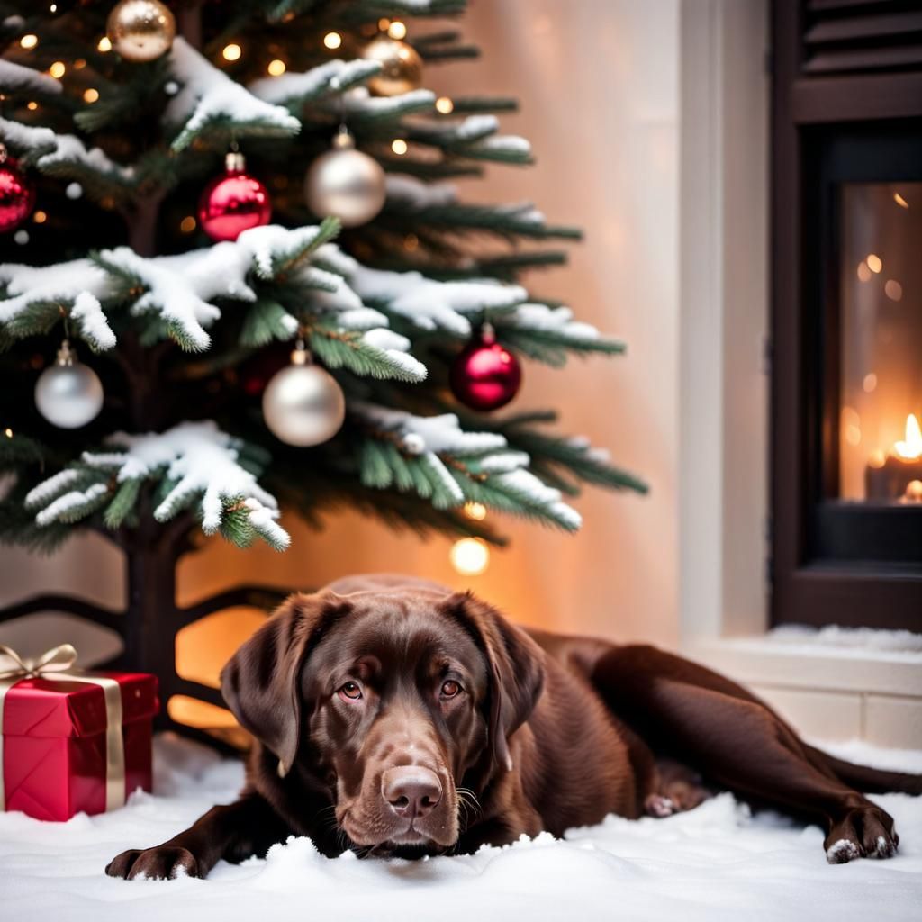 Chocolate Lab Relaxing Under Christmas Tree