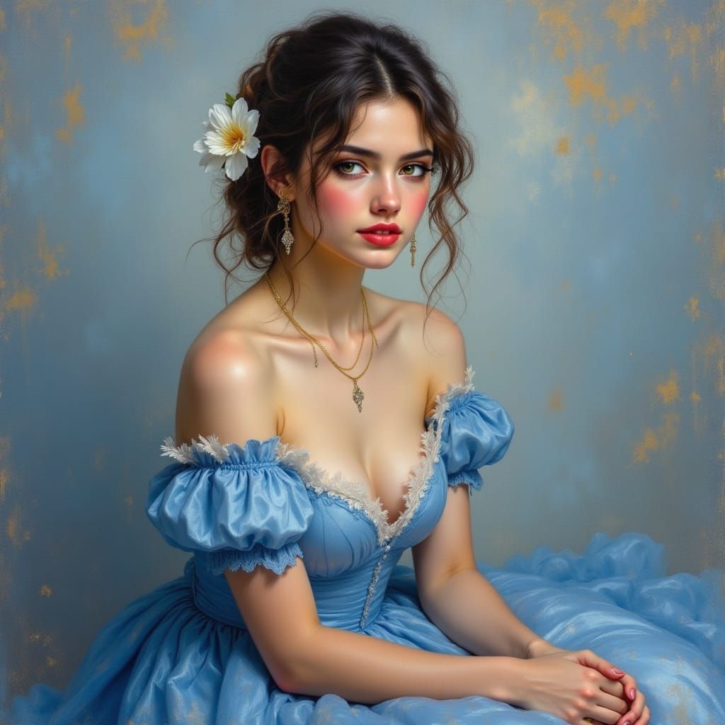 Elegant Woman in Blue Gown: Neoclassical Portrait