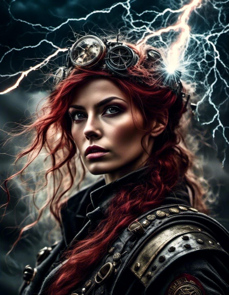 Fantasy Sorceress Commands Lightning in Trash Punk Style