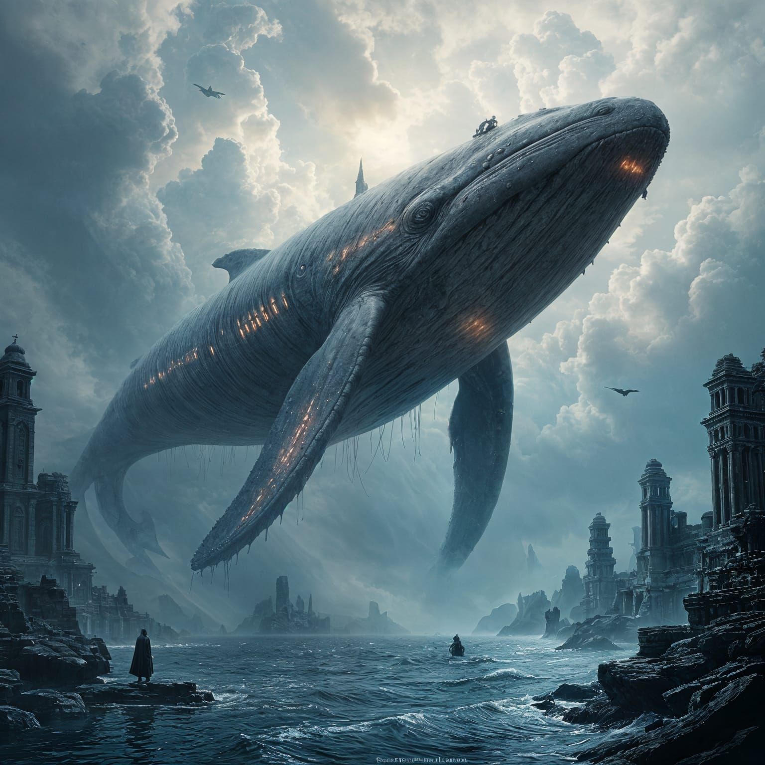 Cosmic Whale with Temples in Ethereal Nebula Light