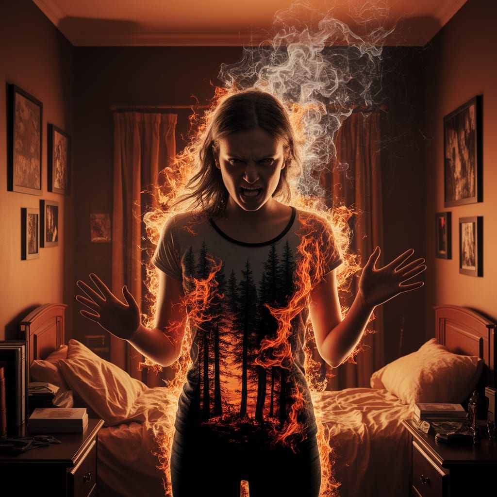 Young Woman Amidst Burning Embers