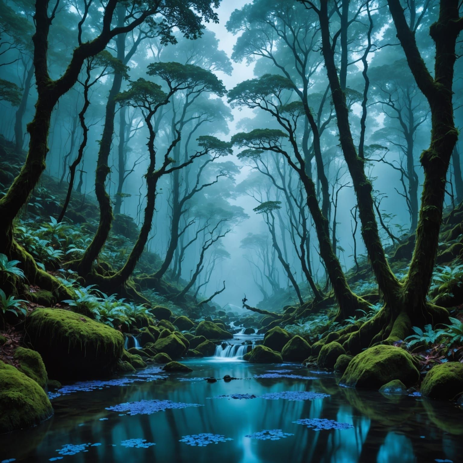 Bioluminescent Forest with Glowing Waterfalls and Dragonflie...