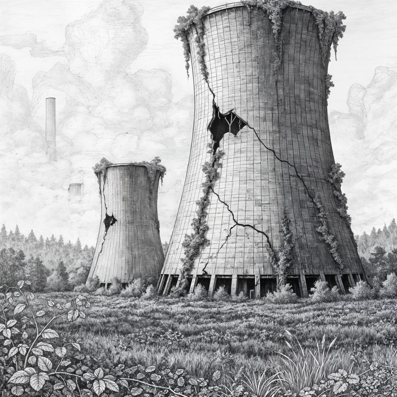 Abandoned Towers Reclaimed by Nature in Detailed Drawing