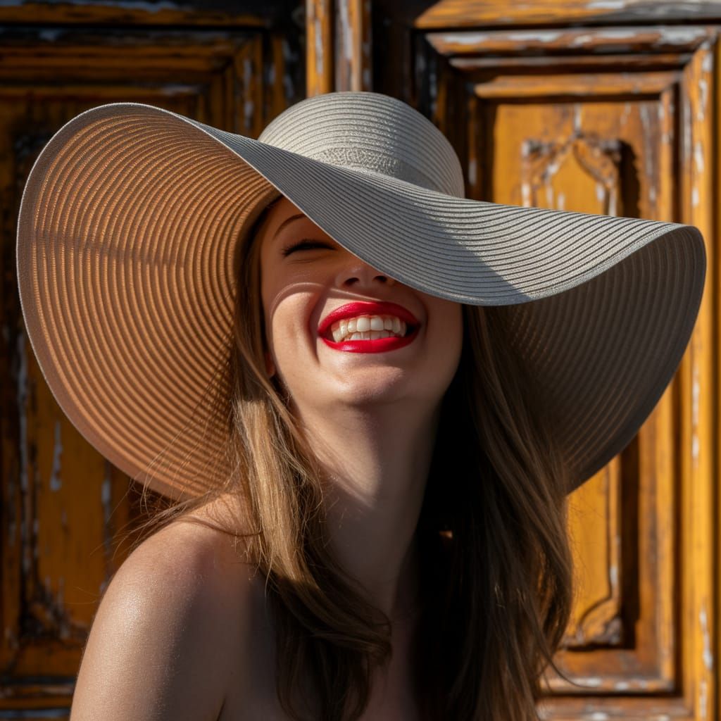 Radiant Smile in Warm Sunlight by Antique Door