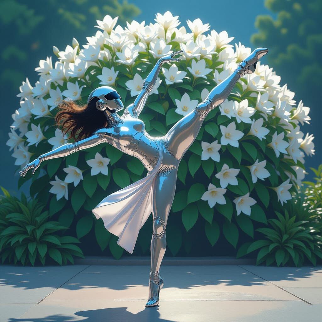 Chrome Human Backflip Near Jasmine Bush