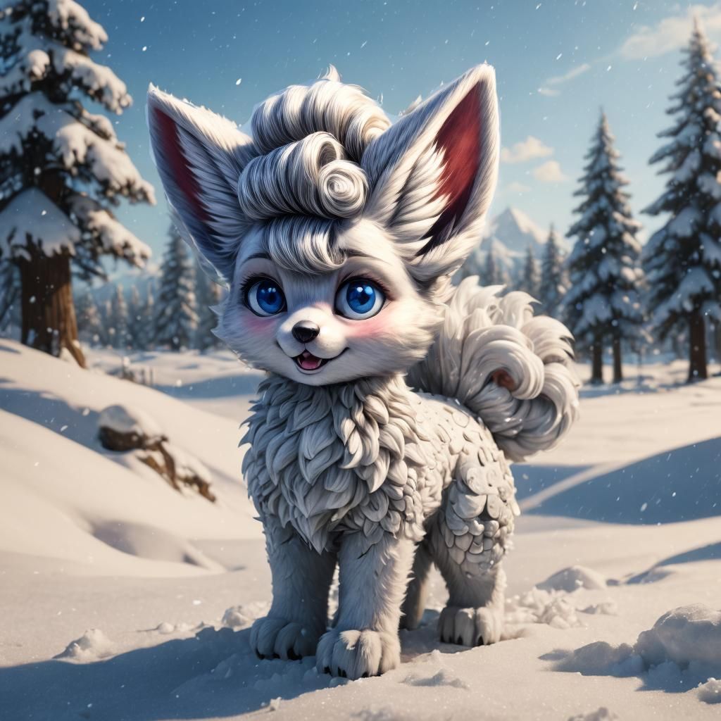 Mythical Snow Vulpix Portrait in Anime Style