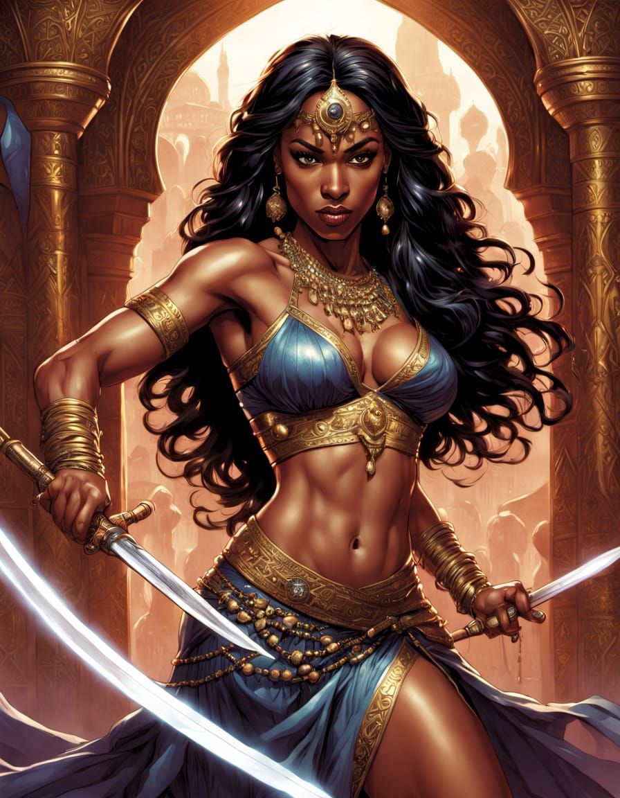 Belly Dancer Sword Fight in Harem: Hyperrealistic Comic Art