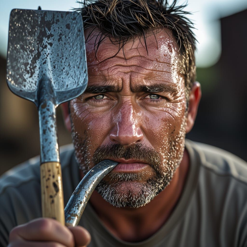 Man Holds Shovel in Mouth, Photorealistic Portrait