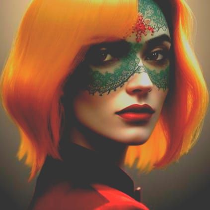 Ginger Woman in Crimson Dress with Embroidery