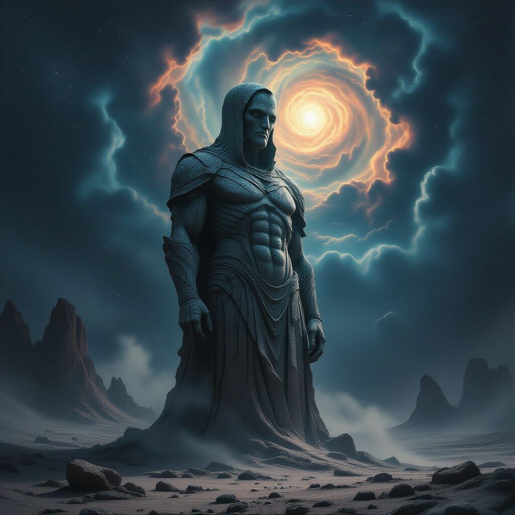 Ancient Alien Statue Under Nebula, Dark Fantasy Art