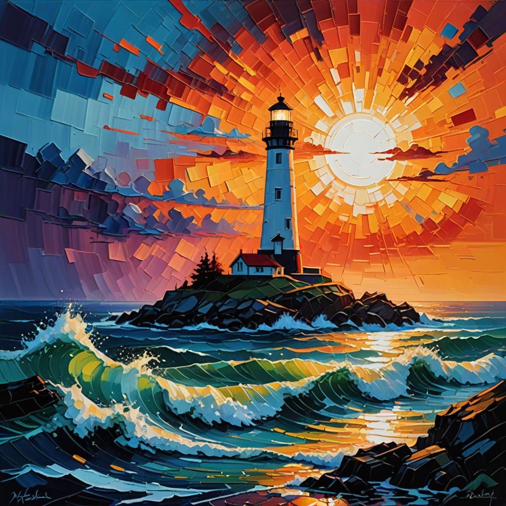 Impasto Art of Vibrant Sunset over Towering Lighthouse