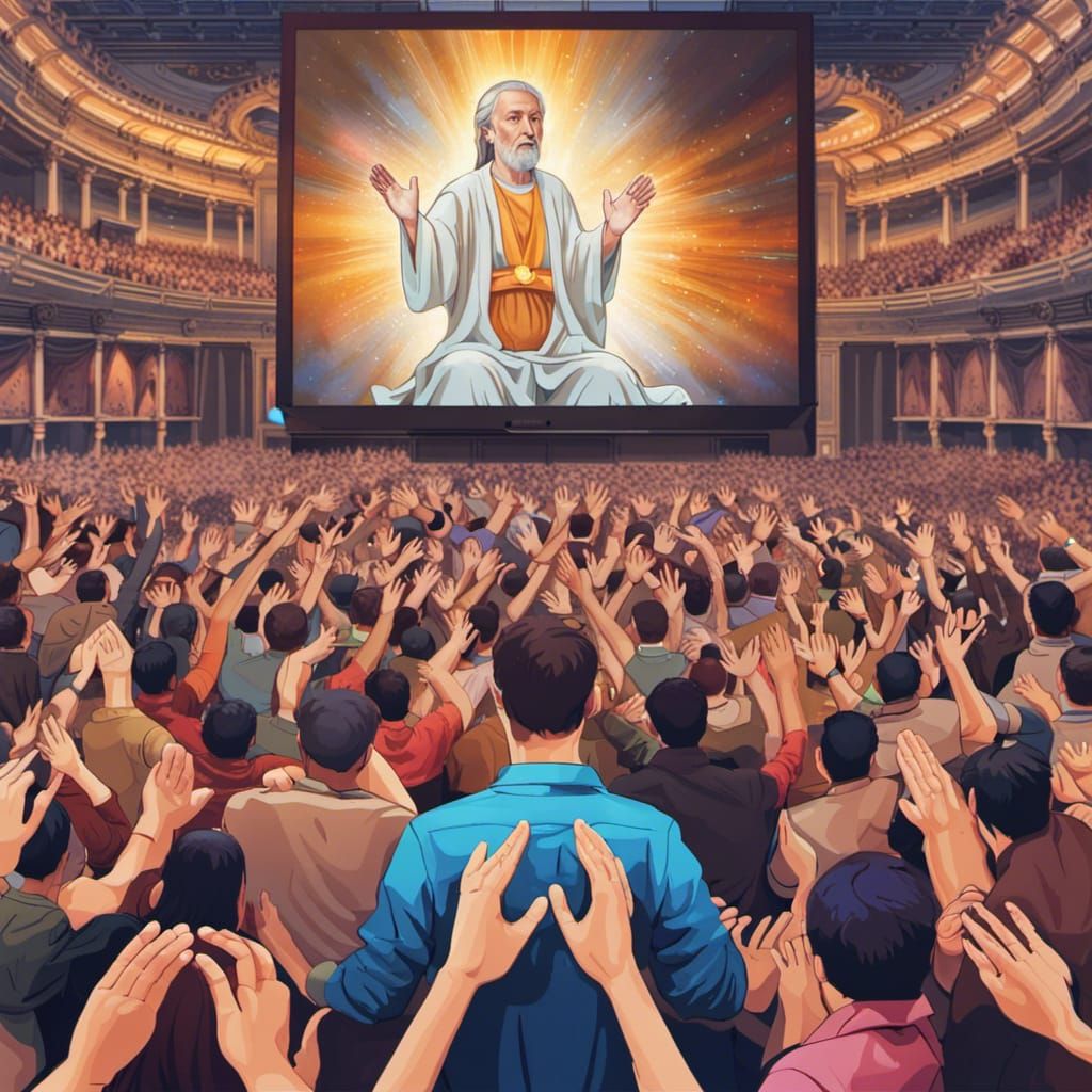 Crowd Worships AI Image on Screen