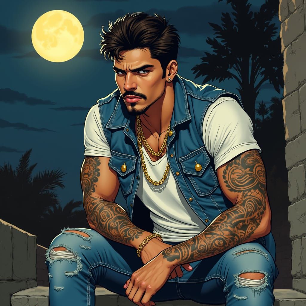 Brooding Man on Stoop Under Moonlight