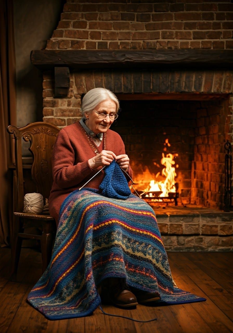 Grandmother Knitting by Fireplace, High Fantasy Scene