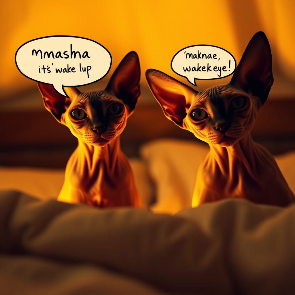 Sphynx Cats Peer Down in a Cozy Bedroom Scene