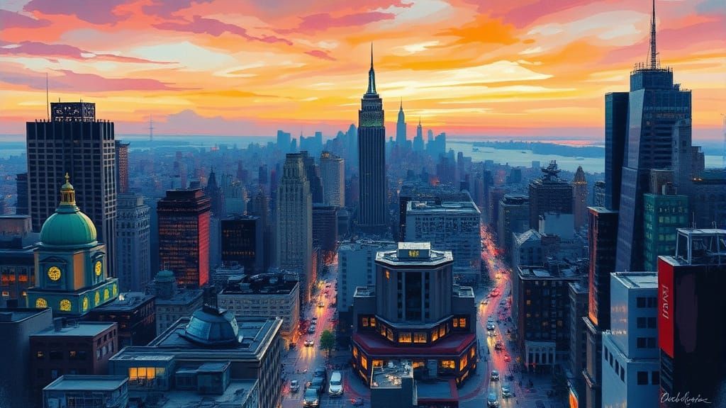 Vibrant Cityscape at Dusk in Impressionist Gouache Style