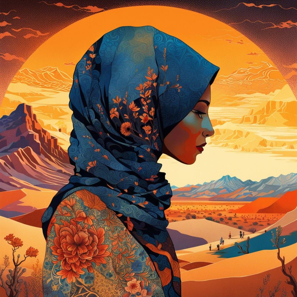 Vibrant Hijabi Sunset: A Surreal Collage Art Illustration