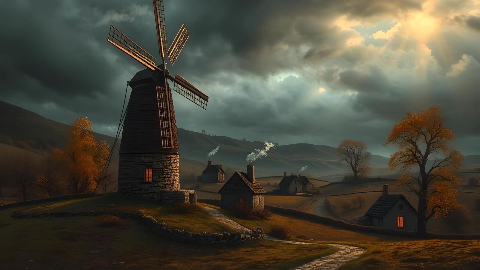 Windmill in Stormy Landscape with Chiaroscuro Lighting