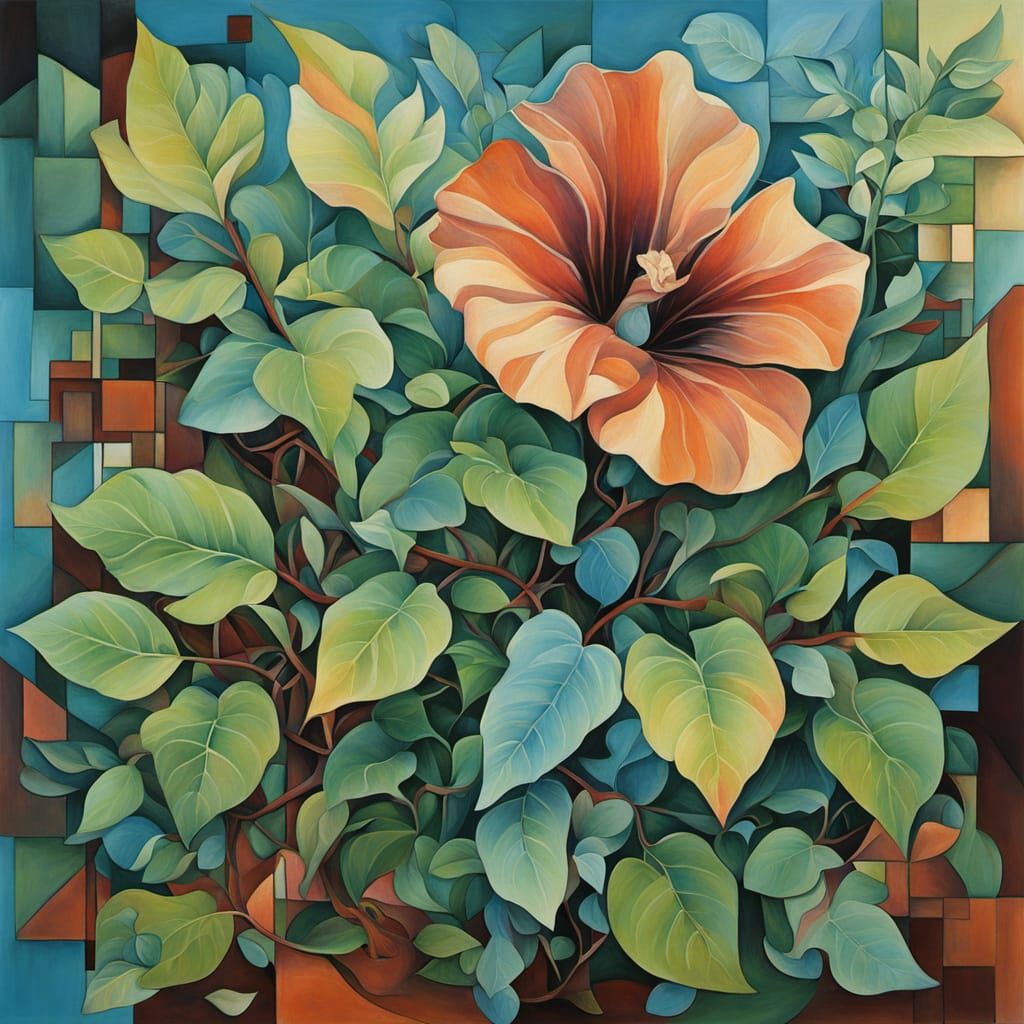 Surreal Cubist Painting of a Giant Rose of Sharon Bush