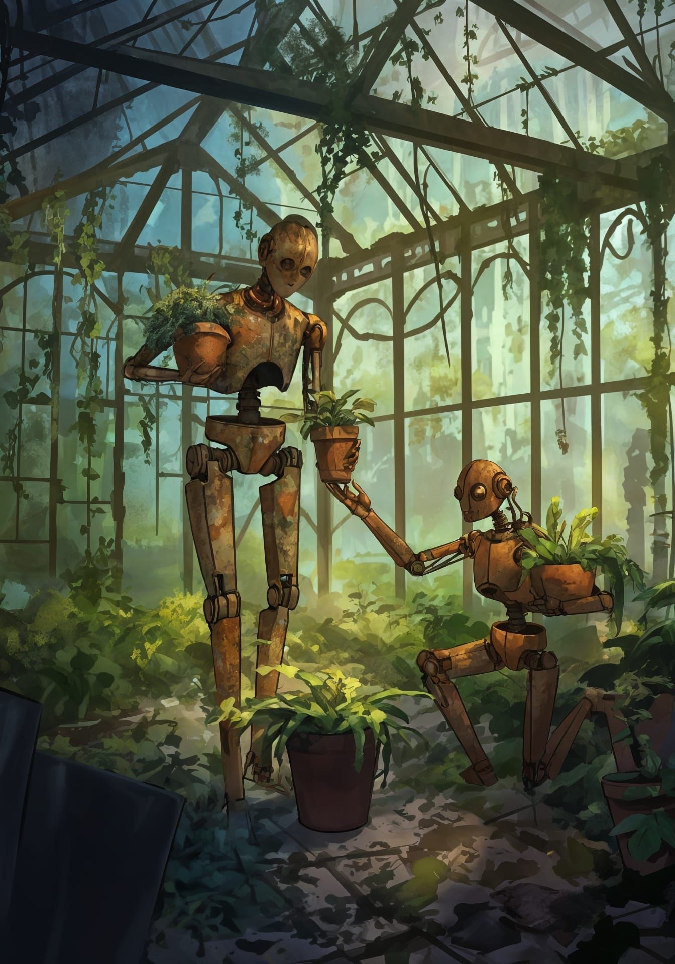 Steampunk Greenhouse with Rusted Automatons: Digital Sketch