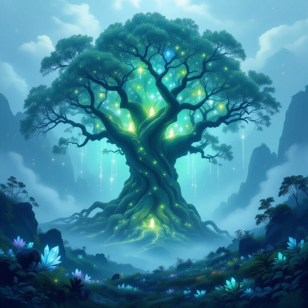 Ancient Bioluminescent Tree in Magical Valley with Sprites