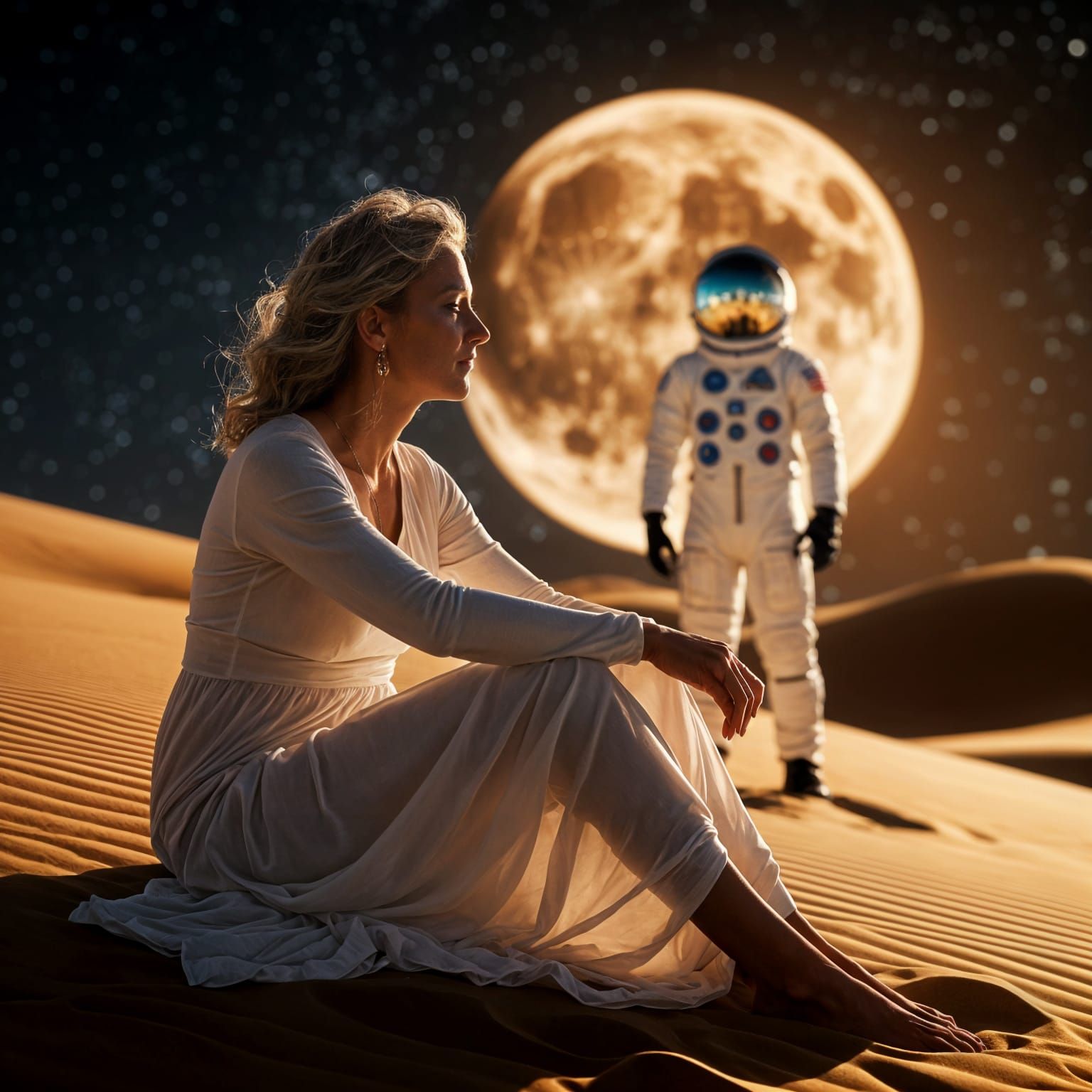 Woman and Spaceman Silhouetted by Moonrise