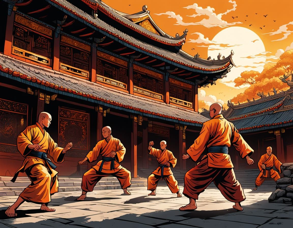 Shaolin Monks Practice Martial Arts: Hyperrealistic Comic Ar...