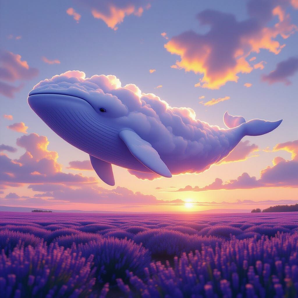 Cloud Whale Drifting Over Lavender Field at Sunrise