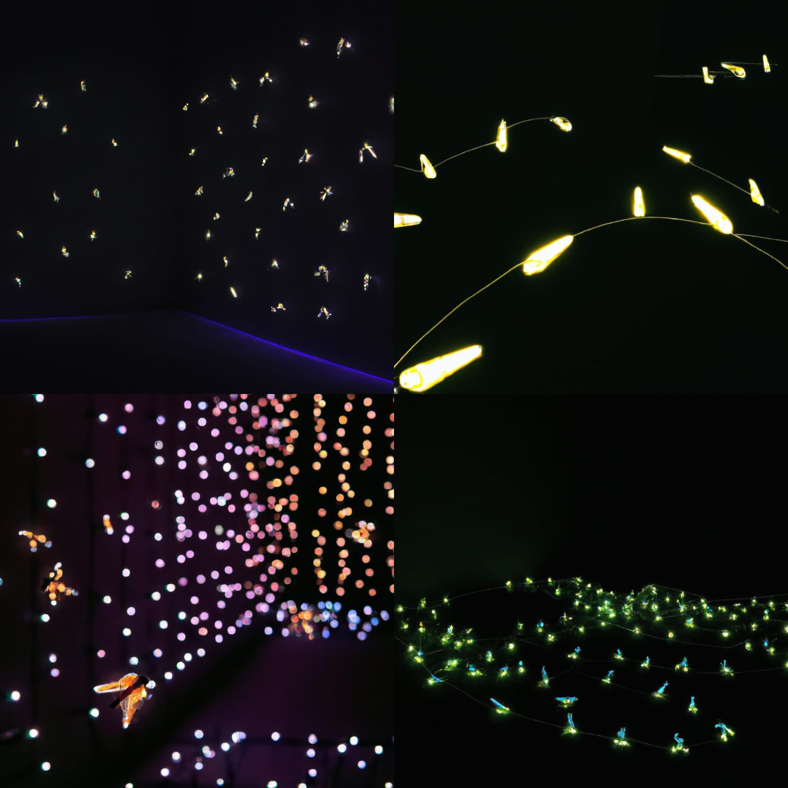 Neon Fireflies in Exhibition Hall: Sharp Focus Photo