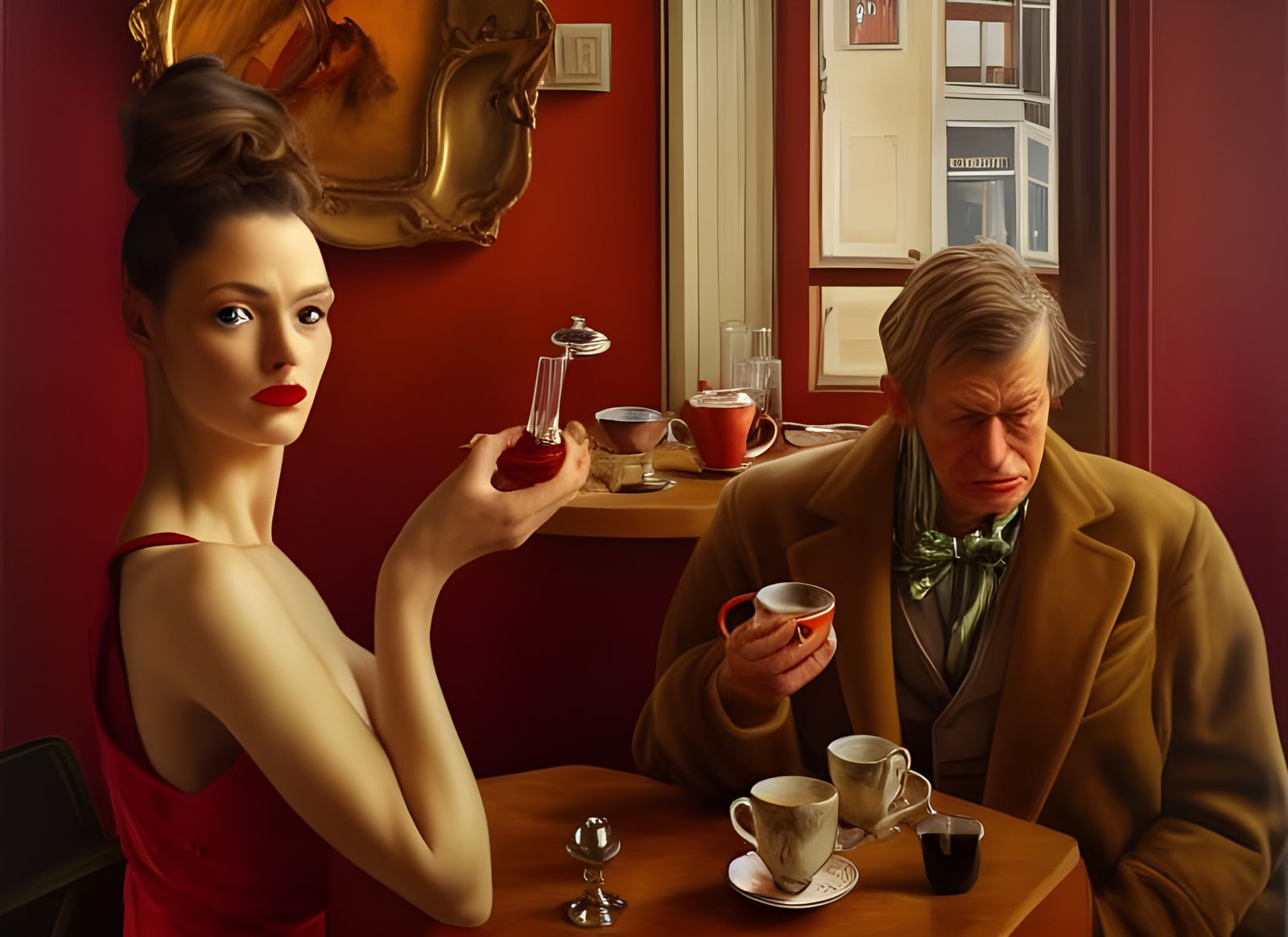 Beautiful Woman Enjoying Tea in Cafe: Photorealistic Portrai...